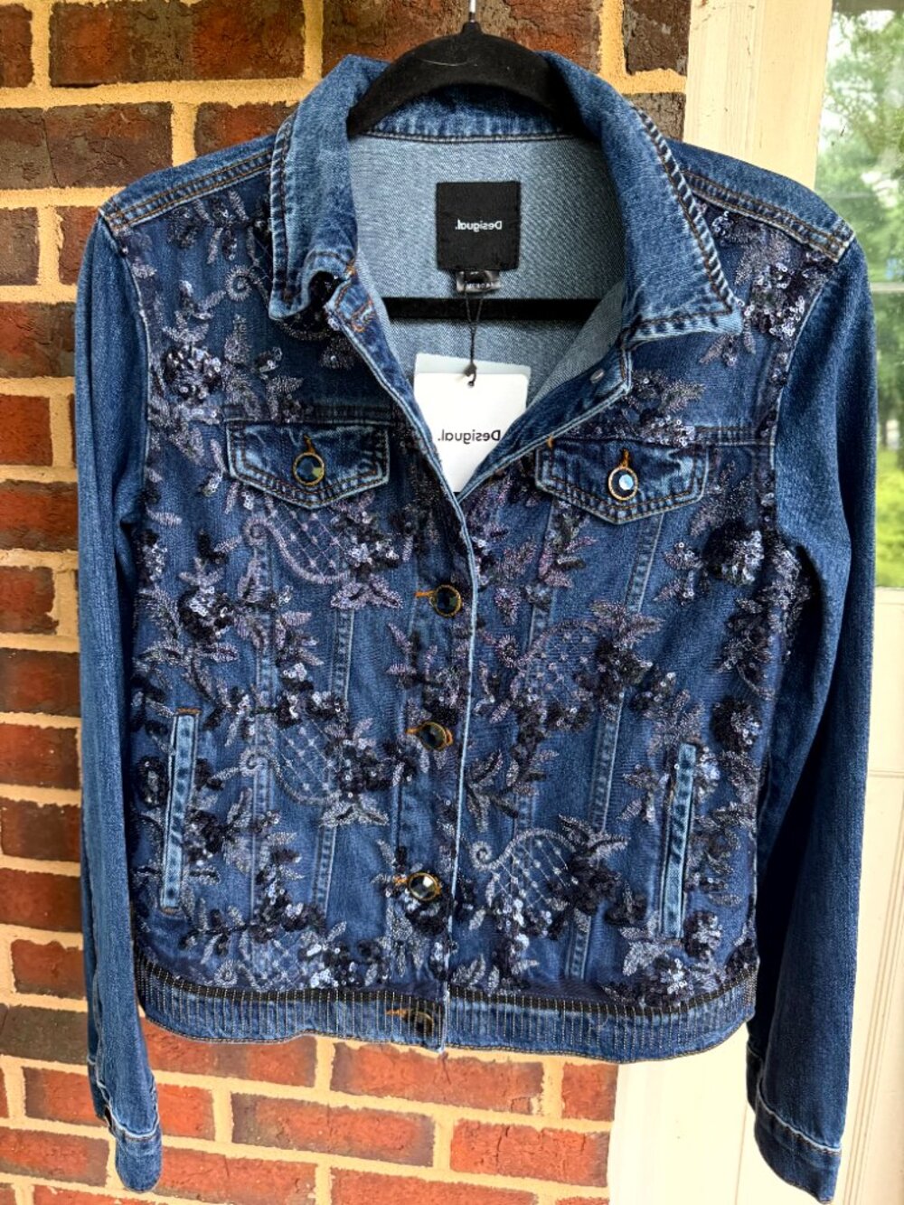 NWT Desigual Embellished Sequin Floral Denim Jacket Size 38 / US 4